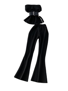 طقم أنيق مكون من توب بدون أكتاف مع سحاب جانبي وتصميم يضيق الخصر + بنطلون واسع عالي الخصر، مصنوع من البوليستر 100٪ برقبة دائرية - Product Image 5