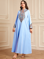 Abaya longue arabe à col montant brodé, en polyester respirant, à manches longues, robe musulmane formelle, Kaftan moyen