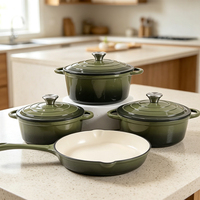 Ensemble d'ustensiles de cuisson en fonte grande taille, cocotte, poêles, casserole, plat à four, compatible four, vert olive