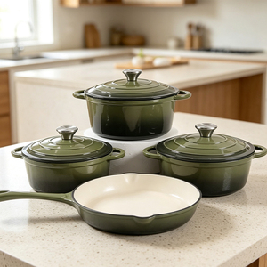 Ensemble d'ustensiles de cuisson en fonte grande taille, cocotte, poêles, <span class=keywords><strong>casserole</strong></span>, plat à four, compatible four, vert olive - Product Image 2