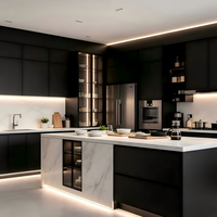 Cuisine modulaire moderne en contreplaqué noir étanche avec armoire, tiroir, éclairage, évier, îlot et plan de travail en quartz, en kit