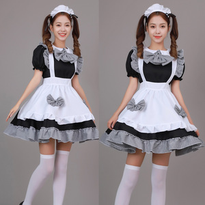 Maid Cosplay Costume Black White Checkered Bow Apron Dress Anime Role Play Outfit Spring 2023 - Product Image 1