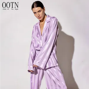 OOTN 2023 Woman 2 Pieces Loose Fashion Home Suit Set Purple Striped Sleepwear Women Sets luxury pajamas for women set