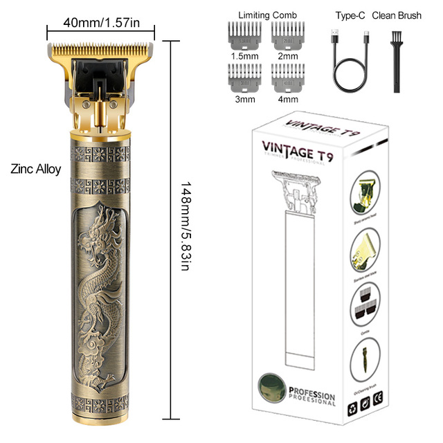 Professional Vintage T9 Electric Hair Clipper Men's Shaver Trimmer with Stainless Steel Blade Beard Haircut Machine Metal USB