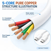 Kabel Data Pengisian Daya USB C ke USB C 5-Core Tembaga Murni 60W 3A TPE Lembut Pemasok Grosir
