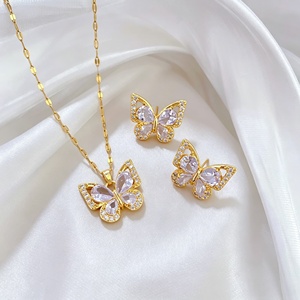 Parure en cuivre plaqué or avec zircon, chaîne en acier inoxydable, boucles d'oreilles et collier fleur papillon, bijoux pour femme - Product Image 1