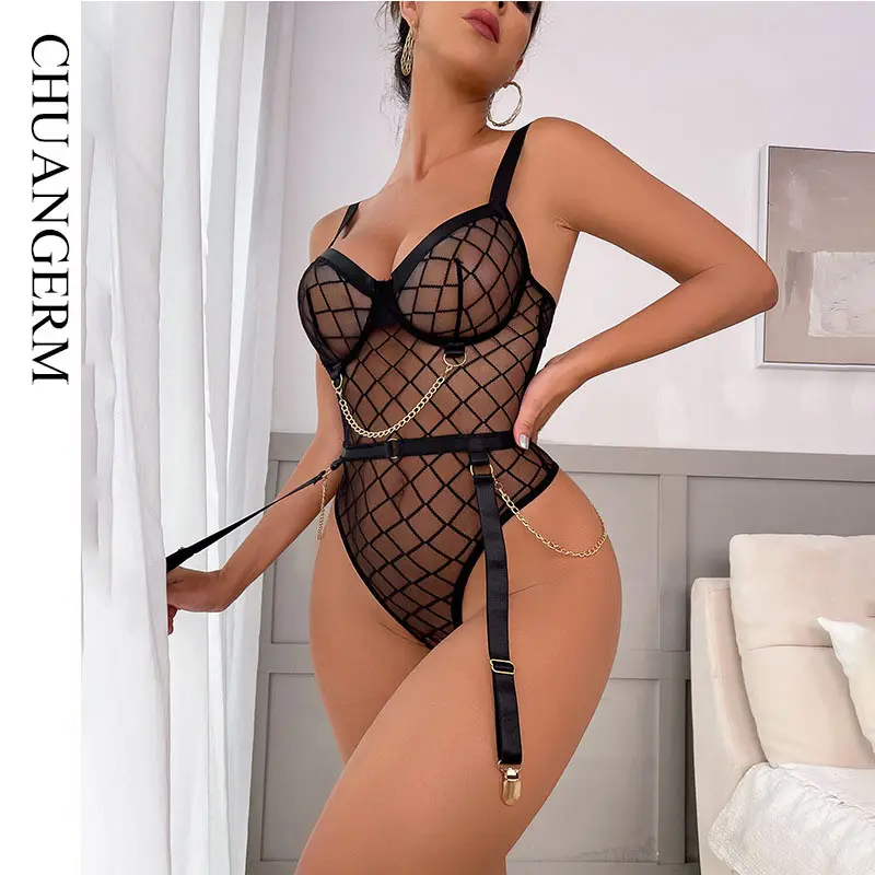 Chuangerm Black Sexy Sexy Lingerie for Women Hollow Out Floral Lace Bodysuit One Piece Lingerie Deep V Teddy Babydoll Underwear