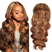 Perruques longues en cheveux humains naturels ondulés, couleur ombrée blonde avec mèches, densité 180, avec dentelle transparente 13*4 pour frontale en dentelle