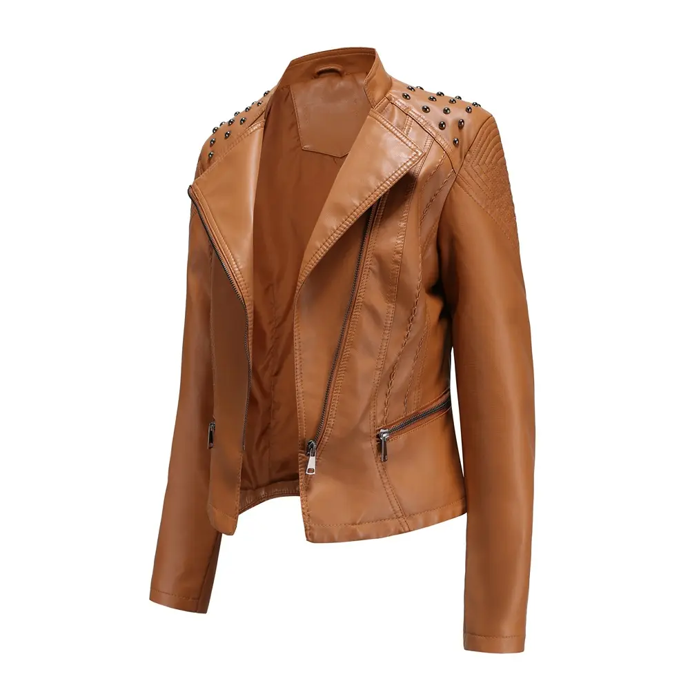 Women Faux Leather Moto Biker Jacket with Pockets