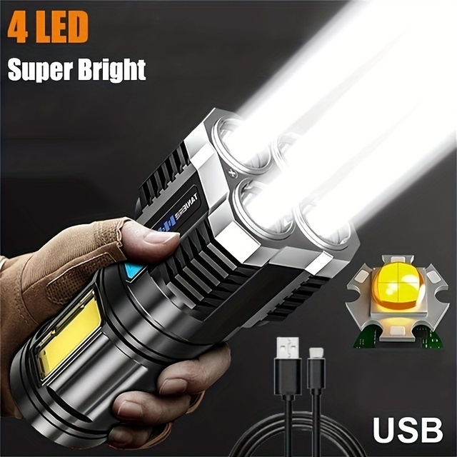 Multifunctional 4LED COB Rechargeable LED Flashlight Long Range Spotlight Camping Torch Tactical Flashlights with ABS Body
