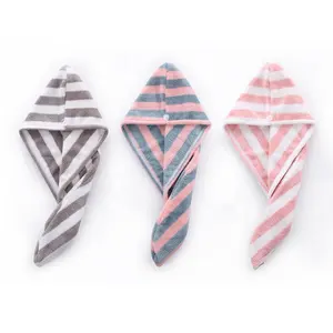85% Polyester 15% Nylon Super Absorbent And Soft Striped Coral Fleece Hair Towel Wrap With Button