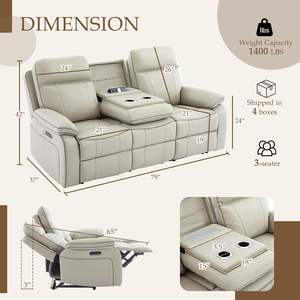 Sofá reclinable eléctrico, mesa plegable, portavasos de cuero transpirable/salidas/Puertos de 1/2/A, sofá reclinable eléctrico para - Product Image 2
