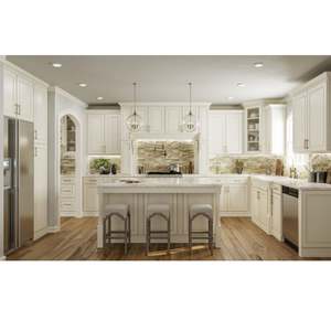 Cuisine modulaire en bois massif de style européen avec îlot central, armoires avec plan de travail en stratifié, robinet, design classique de luxe à vendre - Product Image 1