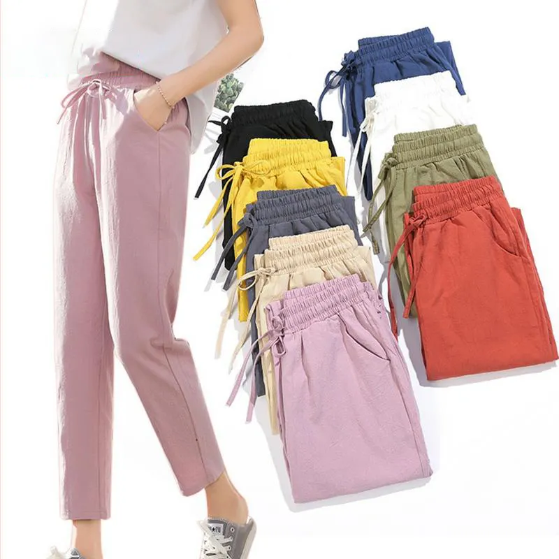 Verano Mujer cintura elástica de colores de caramelo pantalones ropa de algodón suave pantalones de harén de alta calidad para mujer
