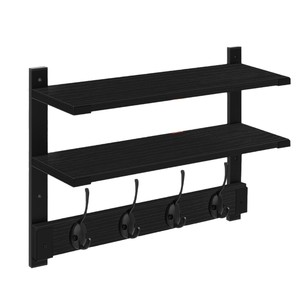 Iron And Wood Wall Mounted <b>Rack</b> With Hooks 3 Tier Floating <b>Shelf</b> Black Coat Key Organizer For Entryway Home Storage - Product Image 2