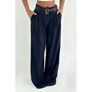 Women's <b>Navy</b> Blue Lumia Double <b>Belt</b> Trousers High-Waisted Casual Pants Elastic Waist Closure XL Size Breathable Colored Formal - Product Image 3