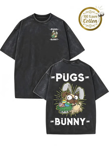 Camiseta Oversize Vintage Lavada con Estampado de Perro de Pascua 'Pugs Bunny' Estilo Retro Streetwear Casual de Algodón - Stock de EE. UU. - Product Image 1