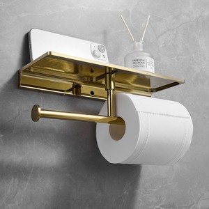Support mural pour téléphone portable et rouleau de papier toilette en cuivre plaqué or, étagère de salle de bain avec double rangement pour rouleaux - Product Image 2