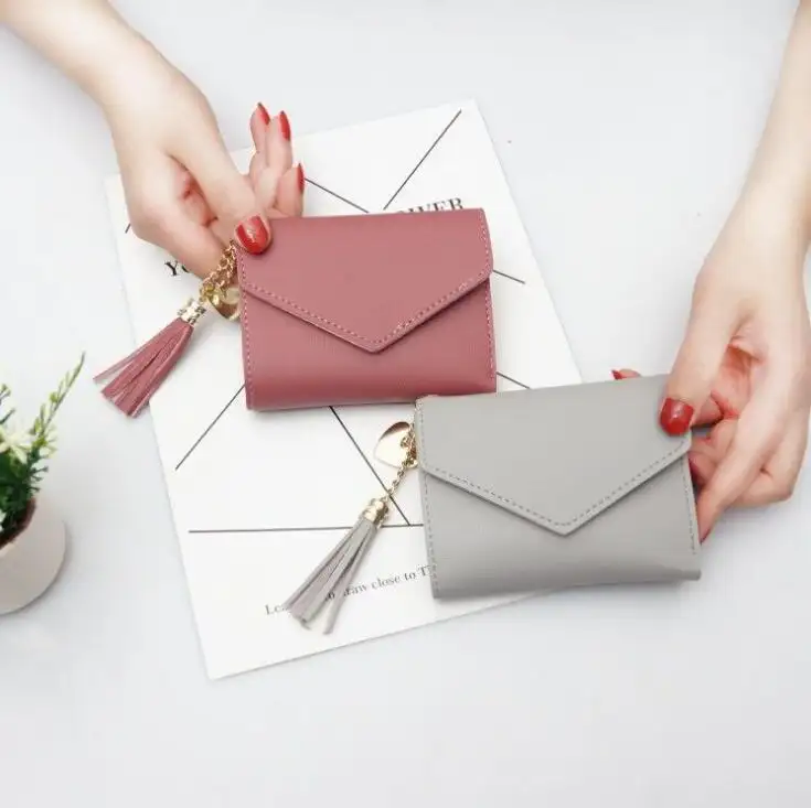 China leverancier nieuwe ontwerpen dames leuke lederen kleine portemonnee snor vrouwen korte multi-functie vouwen geld portemonnee tas