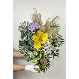 Artificial Mixed Flower Bouquet Decorative Floral Arrangement with Yellow Daisies White Orchids and Green <b>Wreaths</b> and Swags - Product Image 3