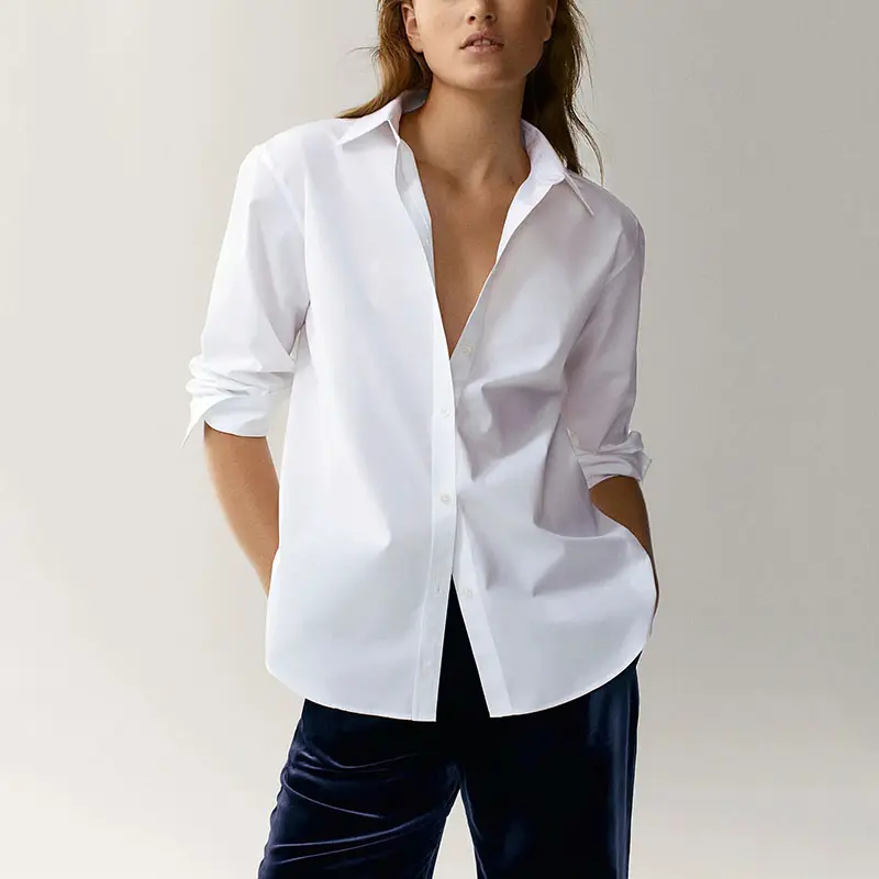 2024 Custom Lente Herfst Nieuwe Pure Kleur Dames Blouse Eenvoudige Casual Mode Witte Vrouwen Shirt Blouse
