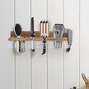 Estante de pared de madera para secador de pelo con organizador de rodillos y peines, color quemado, estante de baño duradero - Product Image 4