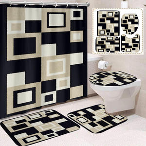 Ensemble de rideaux de douche géométriques modernes avec tapis de bain et couvercle de toilette, en polyester, impression numérique, antidérapant, accessoires de salle de bain - Product Image 1