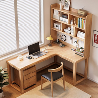 Bureau d'angle moderne en bois massif épaissi en forme de L avec bibliothèque intégrée, bureau d'ordinateur pour chambre, étagère perforée et prise intégrée