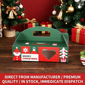 Boîte cadeau de Noël plate personnalisée avec poignée, boîte d'emballage de Noël verte et rouge, boîte pliable avec poignée pour biscuits, pâtisseries, cadeaux - Product Image 2