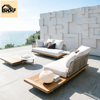 Ensemble de canapés de jardin modulaires en teck moderne avec cordage tressé, mobilier d'extérieur, table basse, chaise longue pour villa, patio, bord de piscine