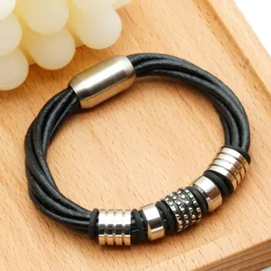 European And American Punk Style Colorless Stainless Steel Beaded Black Leather Bracelet Set