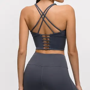 Benutzer definierte Logo einfarbige Ernte Top Cross Back Frauen Longline Sport-BH gepolstert