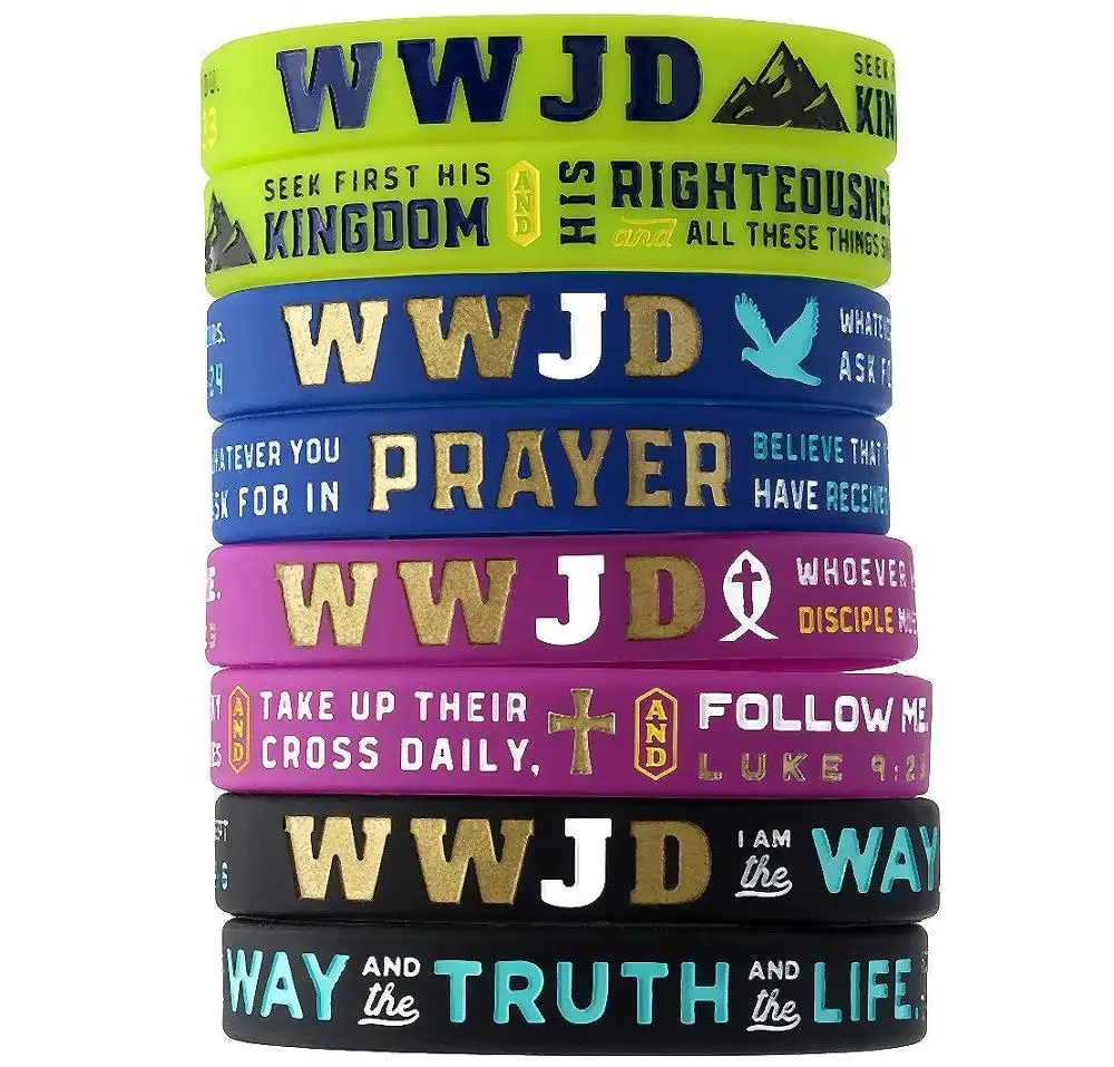 12-Pack - WWJD Bracelets en Silicone vente en gros-lot de 1 dizaine de Bracelets colorés WWJD en caoutchouc de Silicone