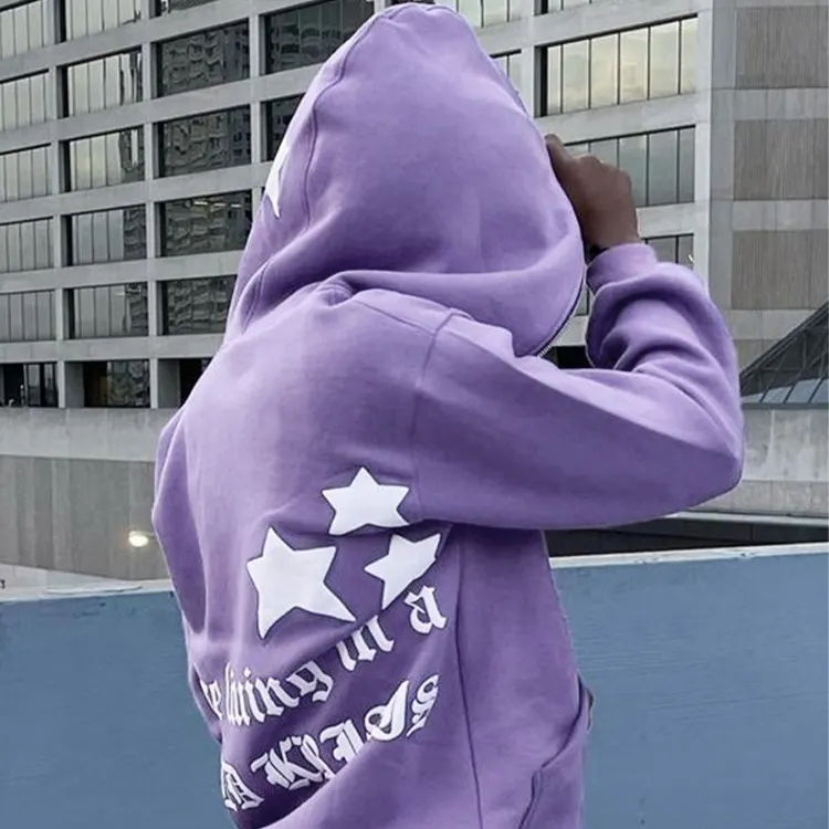Full Zip Hoodie Puff Print Custom Ear Logo Hoodie Custom Zip Up 300 Gsm y2k Purple Hoodie Com Puff Para O Inverno
