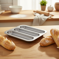 Loyang Baguette Anti Lengket 3 Slot Berlubang, Loyang Roti Prancis Baja Karbon untuk Toko Roti Komersial & Dapur Rumah
