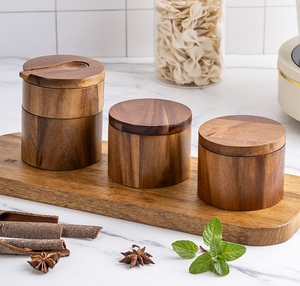 Juego de tarros de especias de madera de acacia al por mayor, caja de sal y pimienta de madera, contenedor de almacenamiento de condimentos para cocina con tapa y cuchara para compras al por mayor - Product Image 4
