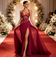 Robe de soirée longue drapée à fente haute pour femme, style corset en dentelle, idéale pour bal et soirée, vente chaude, personnalisation OEM disponible