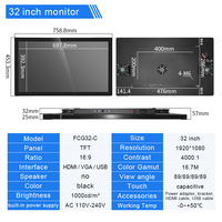 Monitor Industrial de Marco Abierto de 32 Pulgadas, 1920*1080, 1000 Nits de Alto Brillo, Resistente al Agua, con Pantalla Táctil Capacitiva