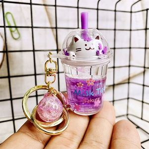 Lindo Llavero de Té Boba - Llavero de Coche con Gato y Flor de Cerezo Kawaii, Colgante Creativo de Resina, Regalo para Niñas y Mujeres - Product Image 3