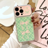 Coque de téléphone compatible Green Grid Pink Bow Tie à changement instantané pour iPhone 17, coque antichute pour iPhone 16 avec grande fenêtre de visualisation et protection adhésive