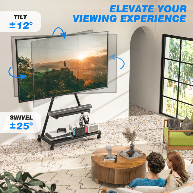 Mobile Swivel Tilt Floor TV Stand Wheels for 32-75" TVs Height-Adjustable Heavy-Duty Steel MDF VESA 600x400 68kg Capacity Black