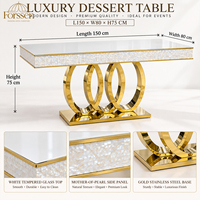 Table à manger rectangulaire, plateau en mosaïque long, base en anneaux entrelacés dorés, structure en métal, mobilier d'hôtel, réceptions