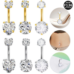 Anneaux de nombril avec zircon en forme de cœur et de cercle, sertis à griffes, bijoux de corps en titane pour piercing, cadeau - Product Image 1