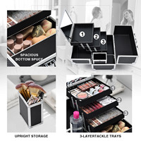 Trousse de Maquillage Portable avec Miroir, Organisateur de Maquillage à 3 Niveaux, Valise Cosmétique de Voyage, Rangement avec Porte-Pinceaux Amovible