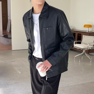 Blouson Bomber Homme en Similicuir PU et Polyester Lavé de Qualité Supérieure, Style Moto Cargo Décontracté, Coupe Boxy, avec Fermeture Éclair, Col Montant à Lettres, Printemps - Product Image 5