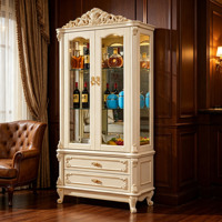 Armoire à vin de luxe européenne avec porte en verre, en bois massif sculpté à la main, finition crème, meuble de présentation pour salon, vente en gros