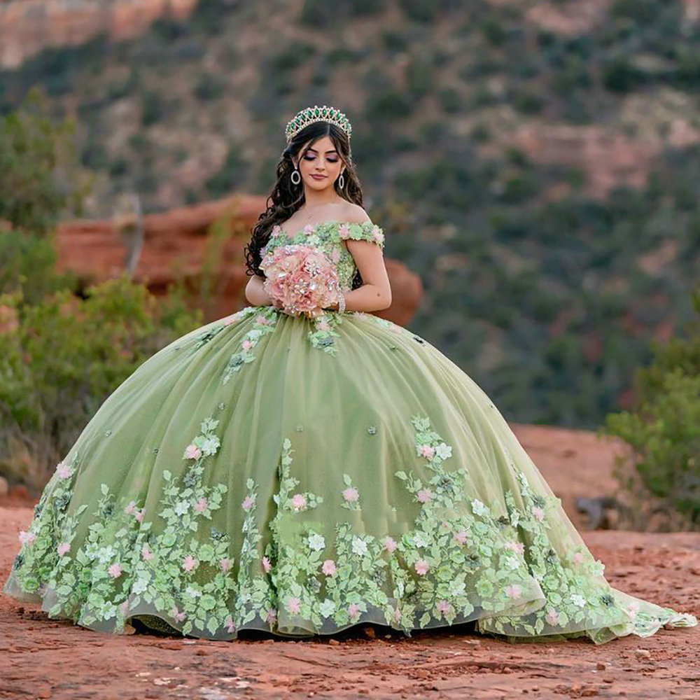Mumuleo Sage Green 3D Flowers Floral Appliques Lace Dress