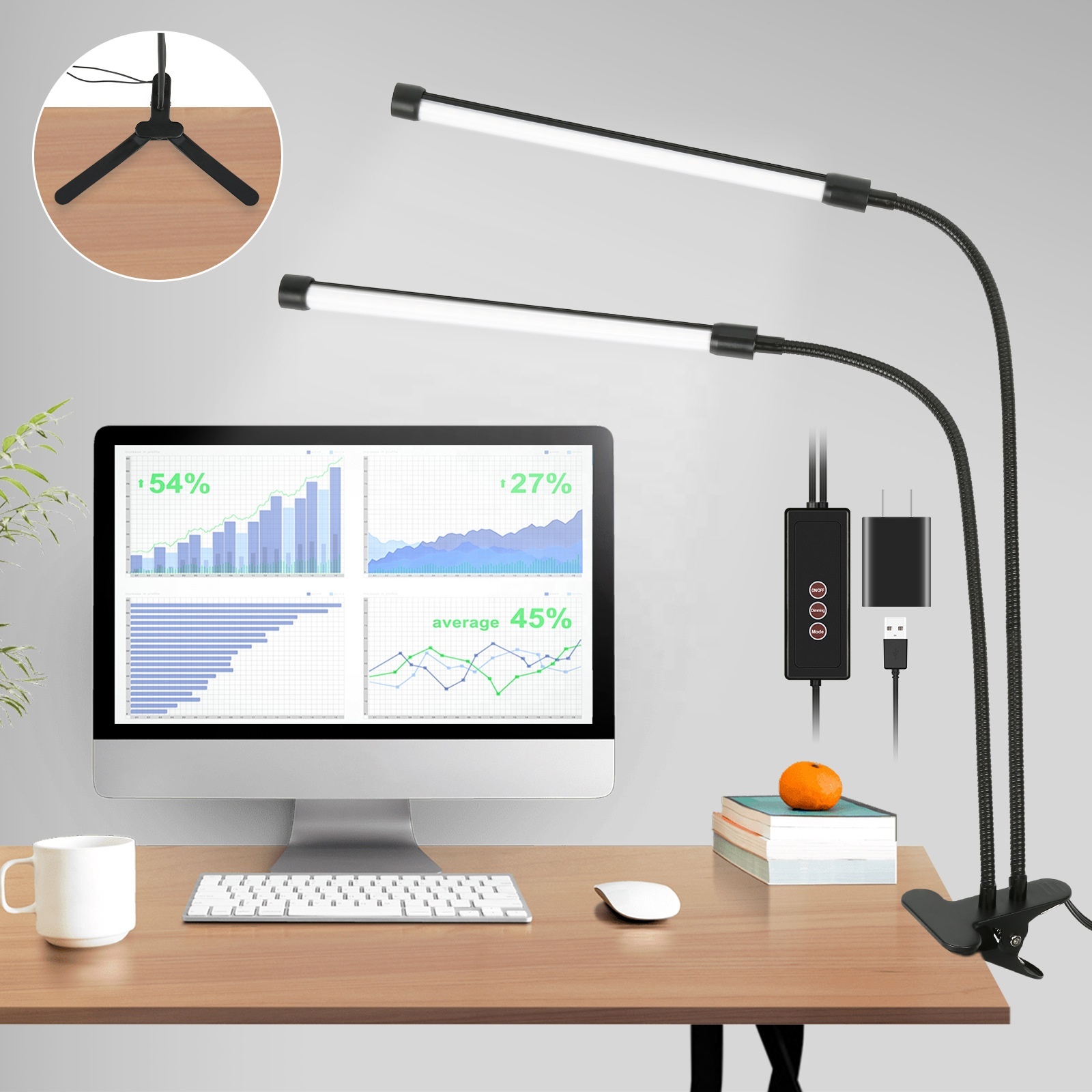 Adjustable Dimmable Dual Head Bright Eye Care Music Stand Clip on Desk Lamp TableLight with Clamp for Reading Working Bedroom