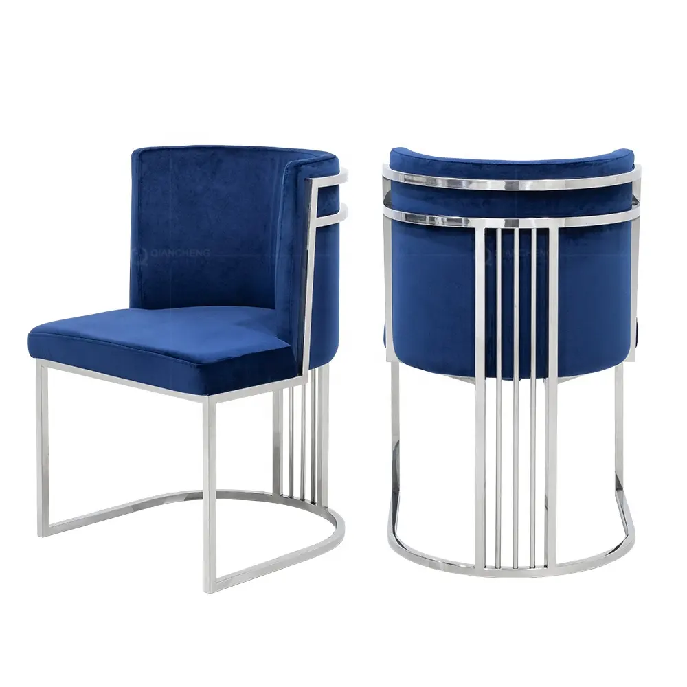 Luvoly Modern Gaya Ruang Makan Furnitur, 6 Kursi Royal Blue Continental Belakang Tinggi 8K Stainless Steel Kursi Makan Hardware