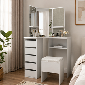 Modern <strong>Make</strong> <strong>up</strong> <strong>Vanity</strong> Table with Tri Fold Mirror Storage Drawers Dressing Desk Bedroom Furniture Home Furniture - Product Image 1